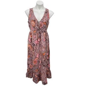 Madewell Lace-Up Ruffle Hem Midi Dress Womens 6 Pink Floral Tassel Boho Prairie